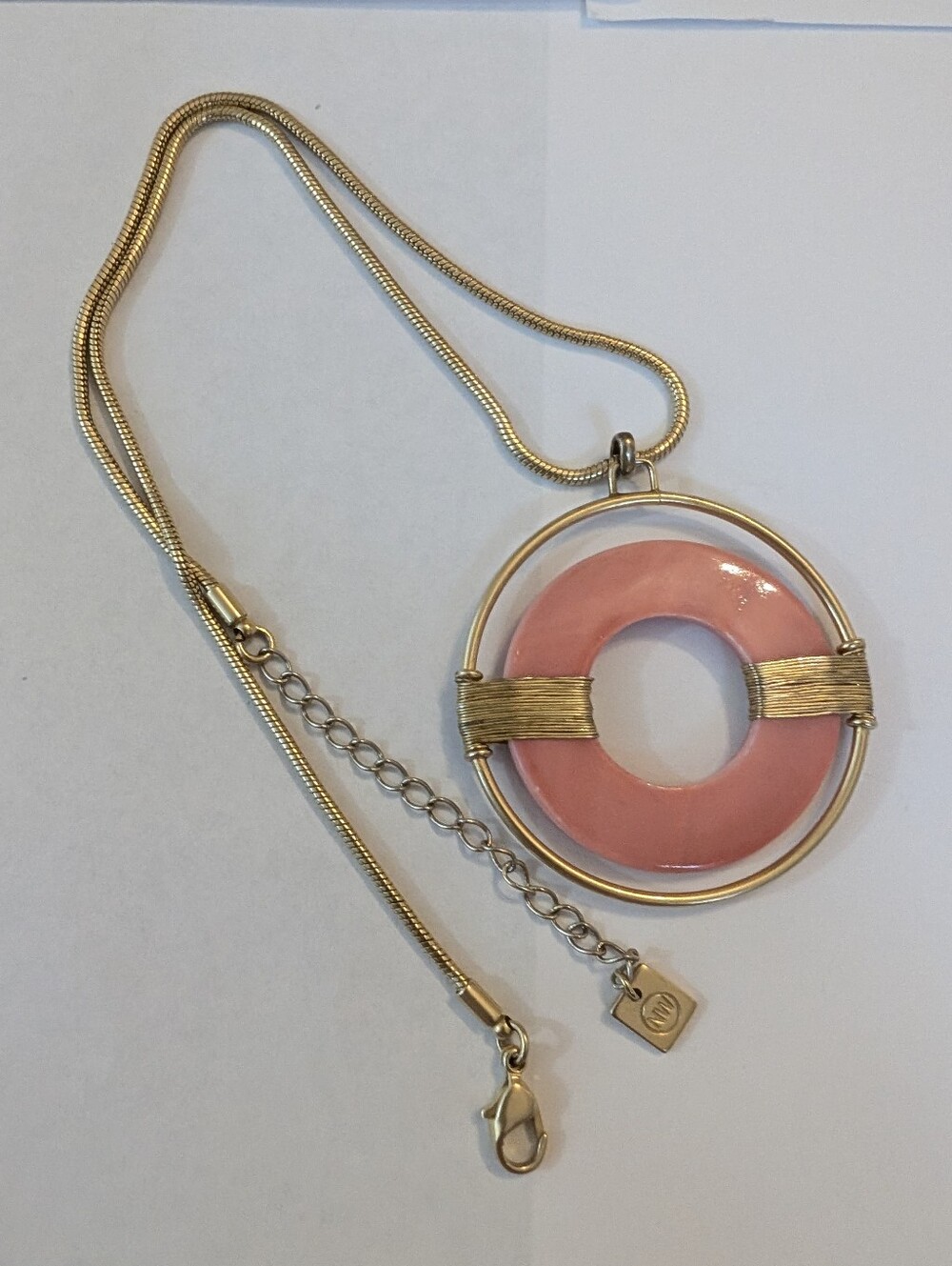 Nine West Gold Tone  Enamel Circular Salmon Pink Pendant Necklace